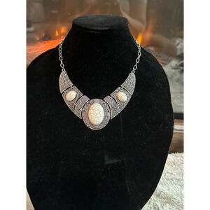 Paparazzi White Stone Necklace & Earrings‎ Set Silver Boho Statement Jewelry